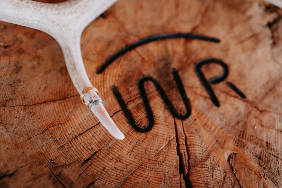 Close-up of two wedding rings resting on a deer antler, placed on a wooden surface with engraved initials. The image highlights the intricate designs of the rings and the natural textures of the antler and wood.